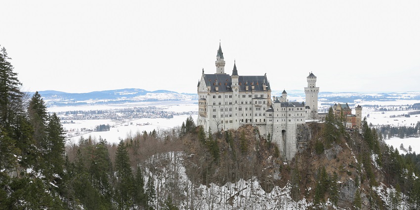Neuschwanstein castle on a hill covered in snow and trees with white landscape behind.