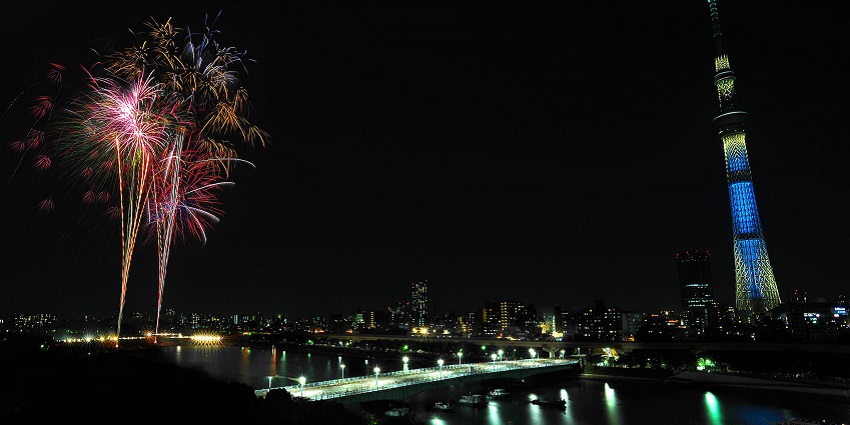Spectacular fireworks illuminate the sky over Sumida River during the vibrant Sumida River Fireworks Festival
