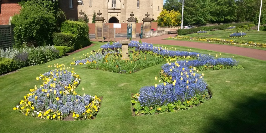 A picture of a lush green garden with various colourful flowers all around the garden
