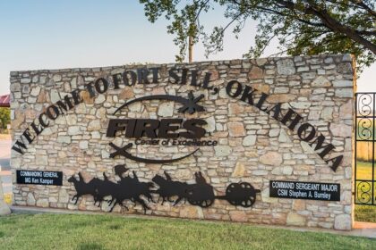 Image of Fort Sill Army Base Entrance Scott Gate with Half Section Emblem