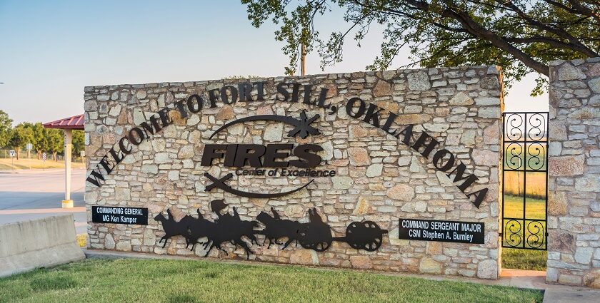 Image of Fort Sill Army Base Entrance Scott Gate with Half Section Emblem