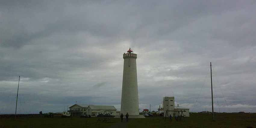 An image of Garðskagi Lighthouse, a tourist attraction.