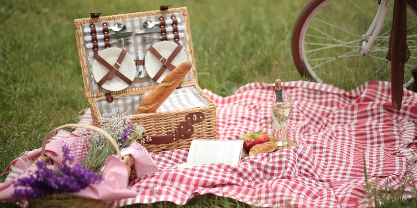 Image of a picnic basket in a park on the sheets basket is placed and food items