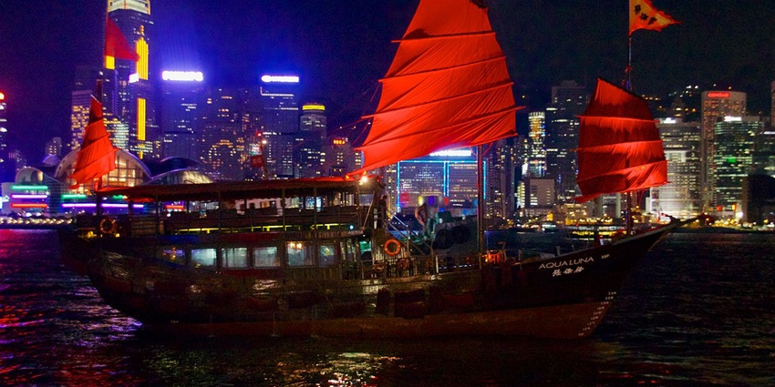 Image of Aqua Luna at night with scenic views around body of water in Hong Kong