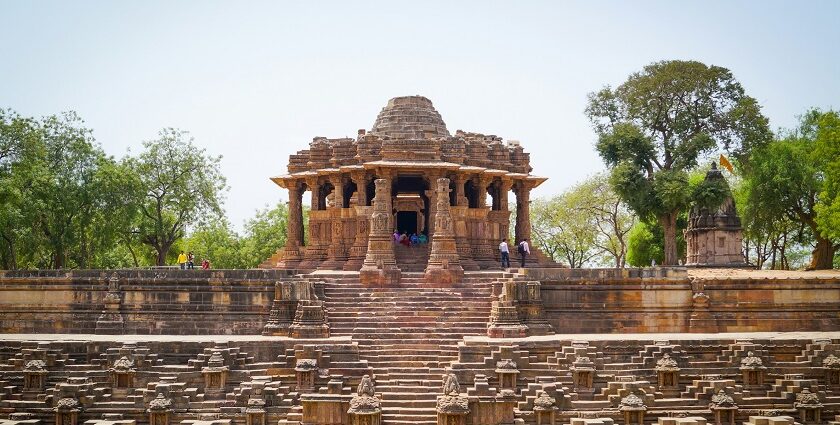 Image of stunning Sun temple Garden, Modhera, Gujarat travel guide