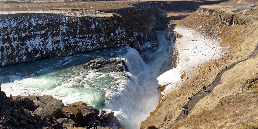 Image of Gullfoss waterfall from the air, a tourist attraction near Secret Lagoon Hot Spring.