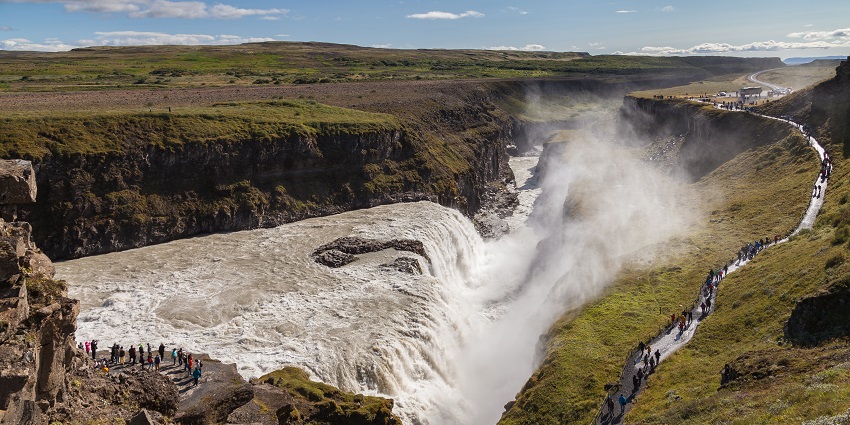 A picture of cascading waters of Gullfoss Waterfall on the Golden Circle in Iceland.