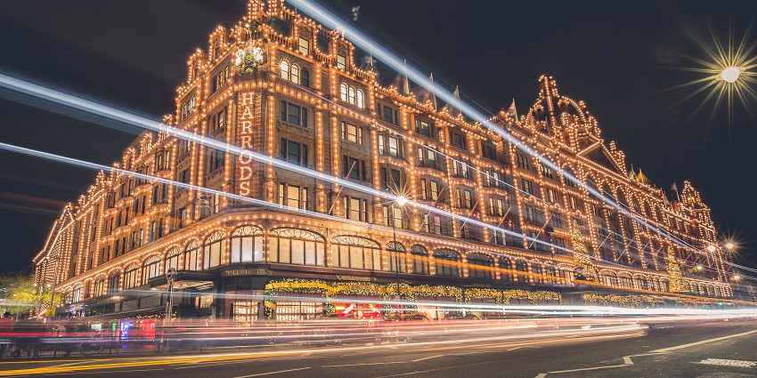 Image of the night view of Harrods London, a popular destination in London, United Kingdom.