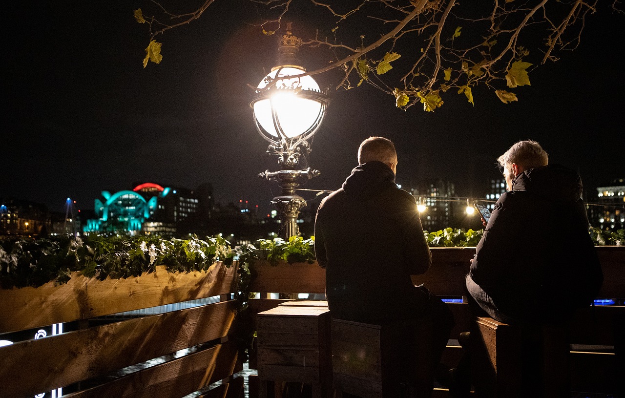 Two men sitting at a rooftop bar near the wooden boundary with leaves and a lamplight.