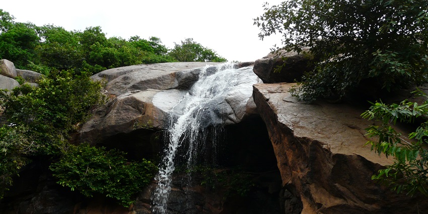 A picture of a quaint waterfall in Yelagiri with water cascading down slowly from a lush hill
