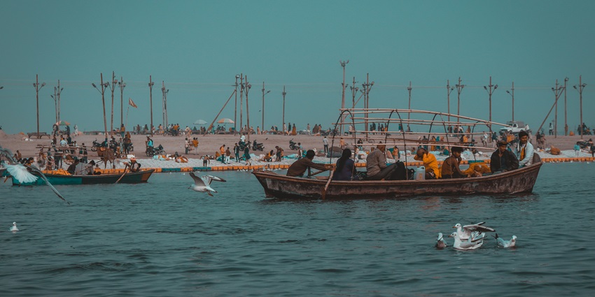 Triveni Sangam at Prayagraj, Uttar Pradesh, is crowded with boats full of devotees