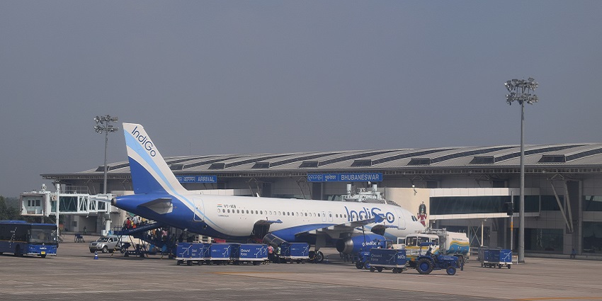 An IndiGo flight taxied near a terminal at Biju Patnaik International Airport in Bhubaneswar.
