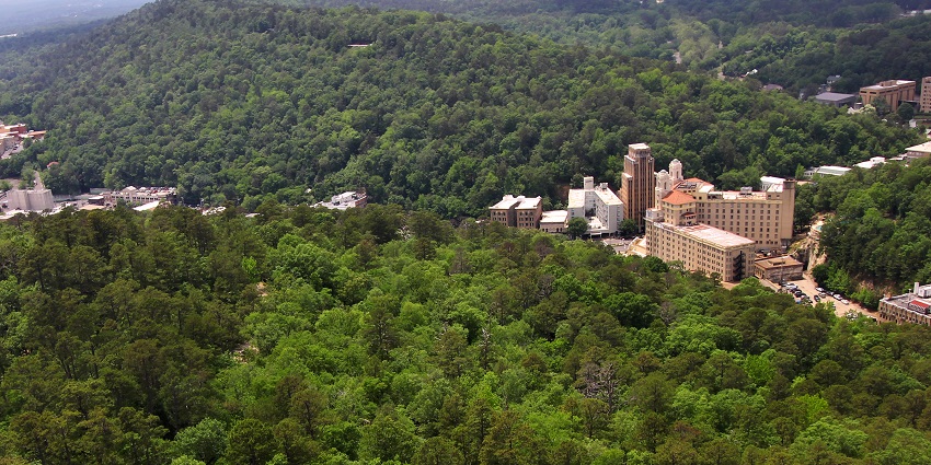 Scenic view from the Mountain Tower at Hot Springs National Park, showing greenery