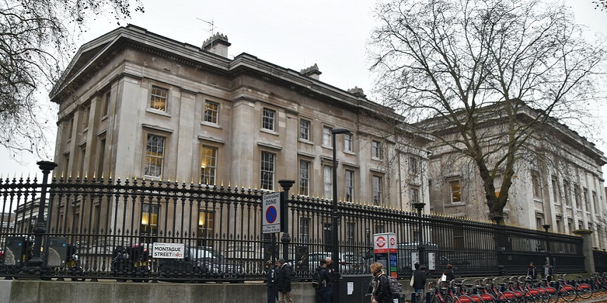 An image of the British Museum's exterior, showcasing its grand architecture and design