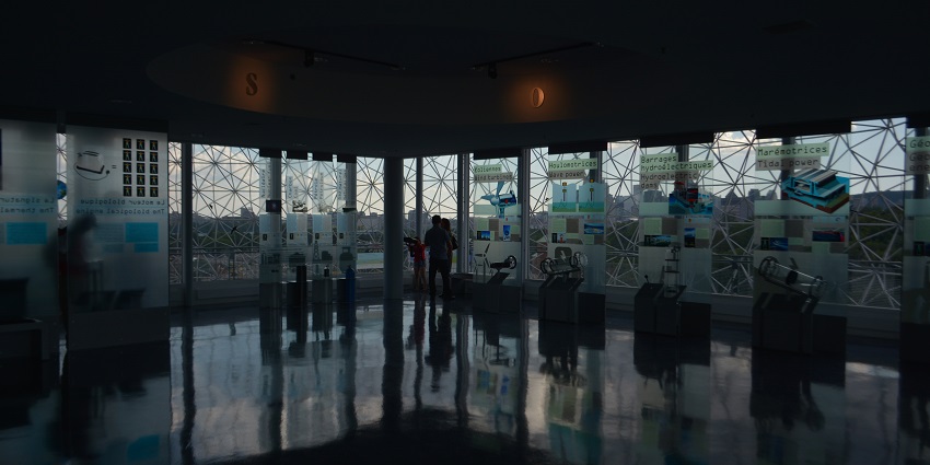 A beautiful image of the Interior of the Biosphere Museum, featuring modern exhibits