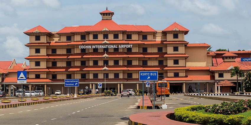The massive entrance of Cochin International Airport, one of the ways to reach Alleppey.
