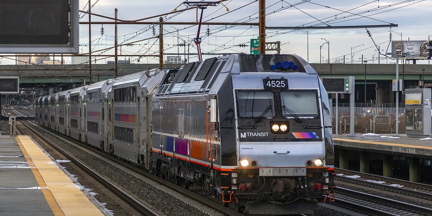 New Jersey Transit train at Newark Liberty Airport station, New Jersey, USA