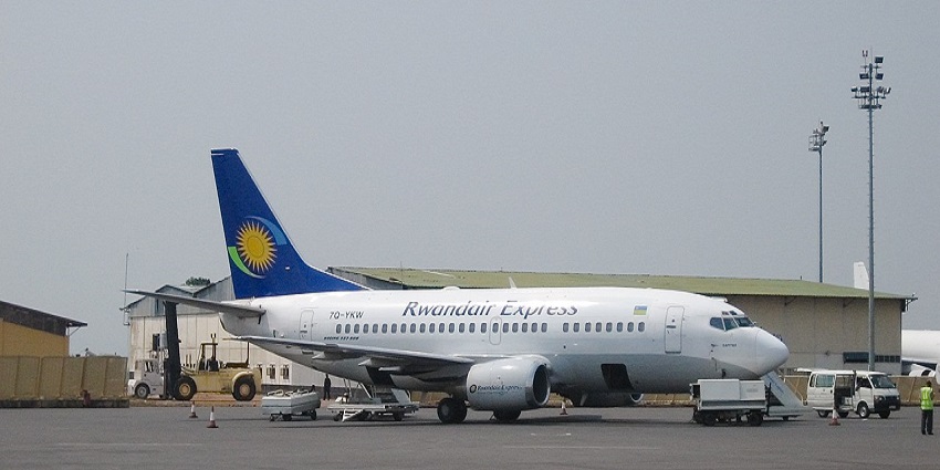 A Rwandair Express flight at Kigali International Airport in Rwanda.