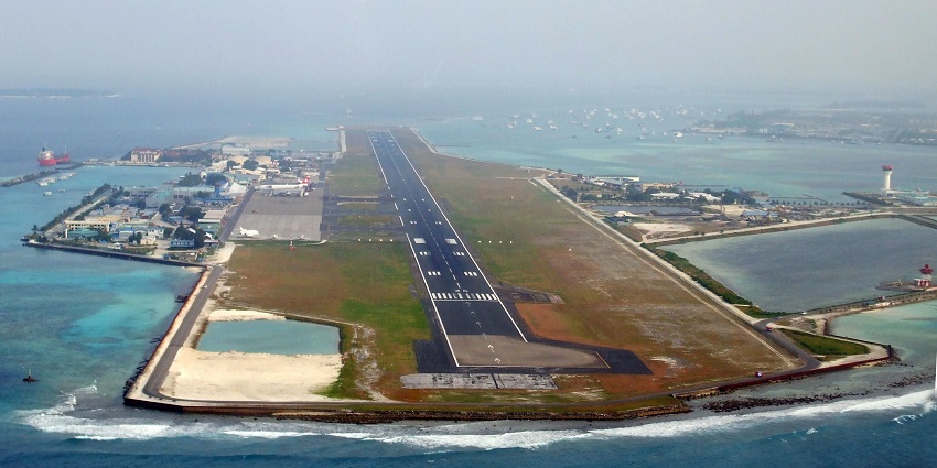An aerial view of the Male international Airport which is one of the ways to reach Maldives.