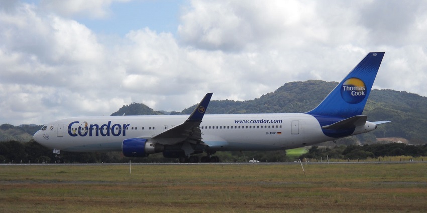 The Condor Airlines taking off from the Sri Seewoosagur Ramgoolam International Airport in Mauritius.