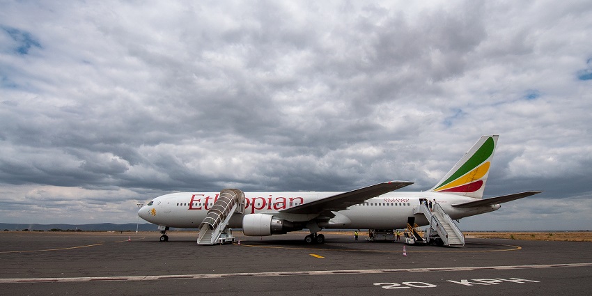 Ethiopian Airlines aircraft landed at the Kilimanjaro International Airport with people.