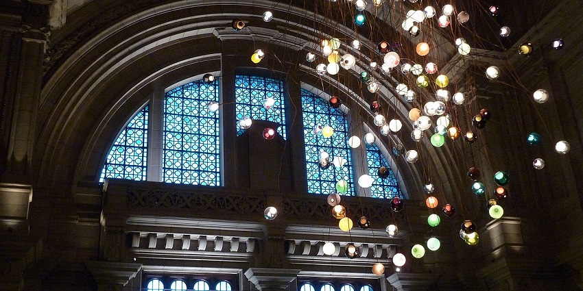 An image of beautiful lights in the Victoria and Albert Museum located in London.