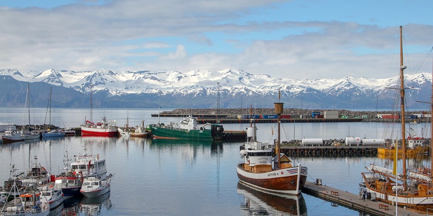 An image of Husavik port, Iceland, with fishing boats and snowy mountain scenery.