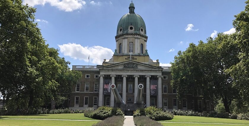 An image of the Imperial War Museum building showcasing its unique architecture.