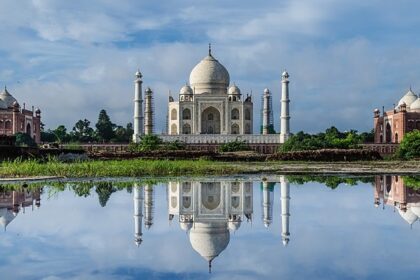 A beautiful reflection of the Taj Mahal, a testament of love in the city of Agra, as mentioned in the India travel guide.