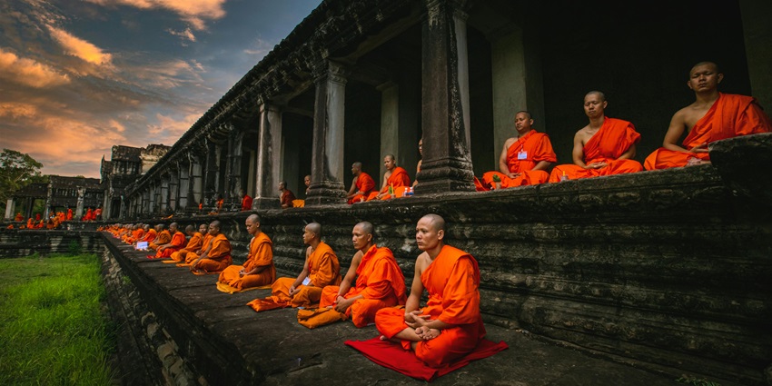 A view of monks meditating on spirituality at Kalachakra Monastery.