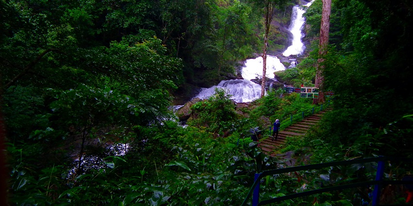 A picturesque Iruppu Falls during the monsoon season in Coorg District, Karnataka.