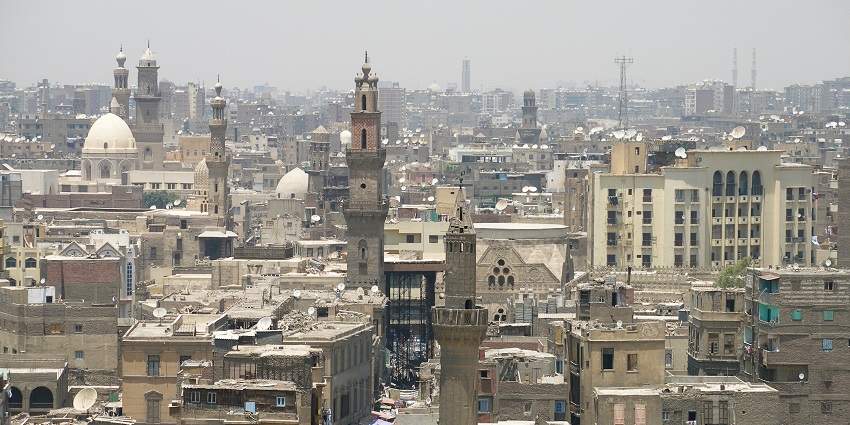 Islamic Cairo represents a congested city with multiple buildings and towers with domes.