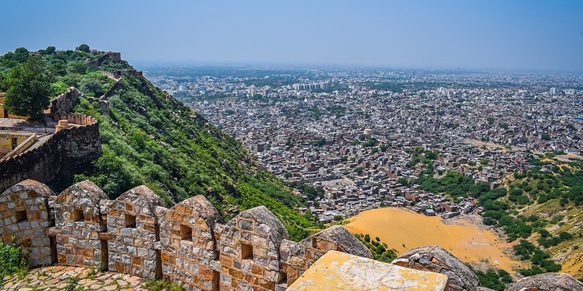 A view of Jaipur or Pink City from the walled Nahargarh Fort, as mentioned in the India travel guide.