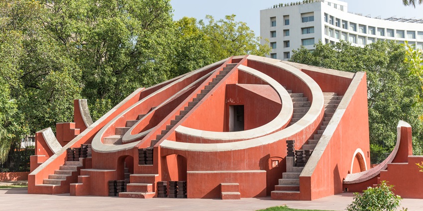 A glimpse of the mesmerising Jantar Mantar in Delhi made up of red sandstone.