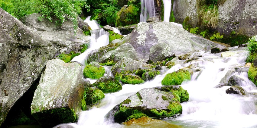 Milk-like water flows through the rocks at Jogini Waterfalls in Manali, Himachal Pradesh.