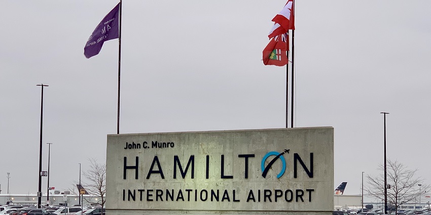 An image of the entrance of John C. Munro Hamilton International Airport, a major airport in Toronto.