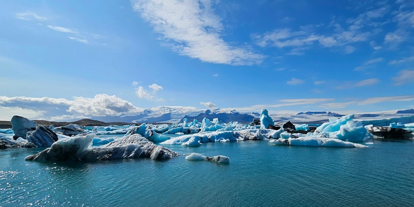 View of Jokulsarlon glacier lagoon, one of the places to visit in Iceland in June.