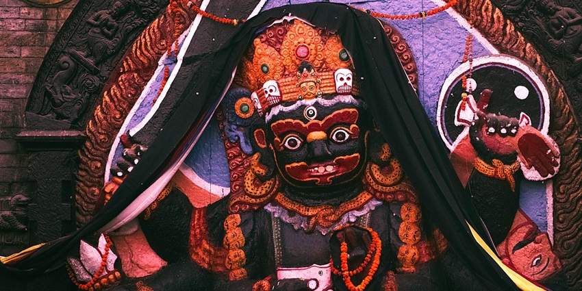 This richly detailed stone sculpture of the Hindu deity Kaal Bhairav dates from the 6th century