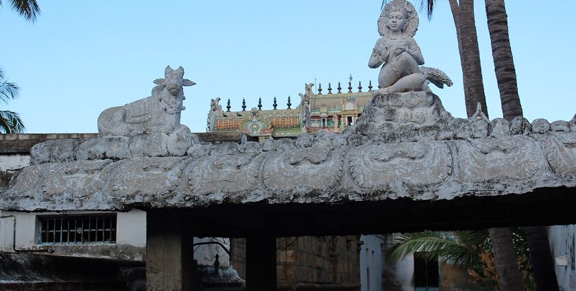 Kanjanur Temple with intricate stone carvings, sculptures, and vibrant details.