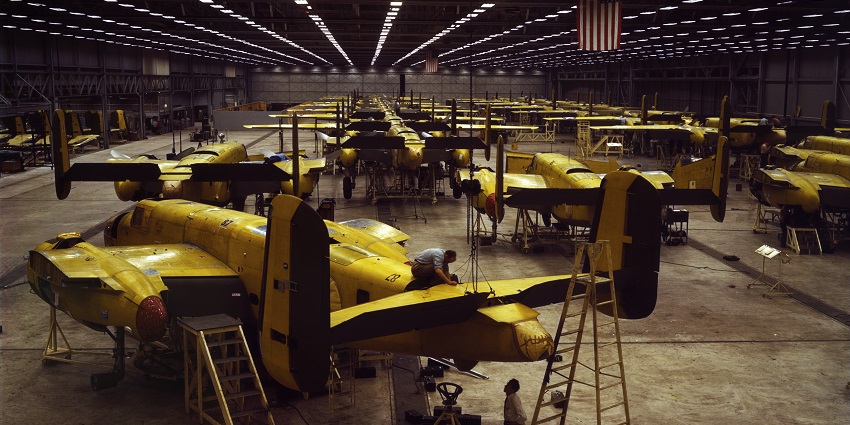 The Missouri travel guide highlights the view of assembling the North American B-25 Mitchell at Kansas City, .