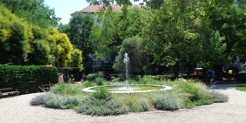 An image of couples enjoying a quiet walk through Károlyi Garden with greenery.