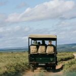 Multiple people on Kenya jungle safari ride surrounded by greenery under the cloudy sky