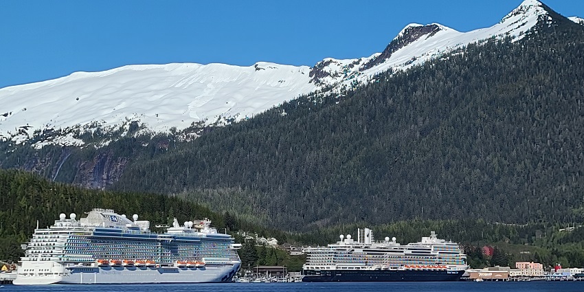 The image of the Carnival Legend docked in Ketchikan, is one of the major attractions near Alaska.
