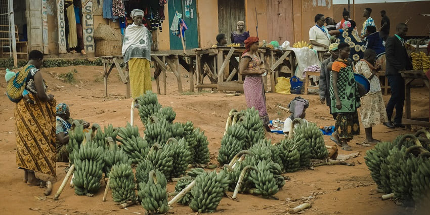 Banana local market in Kigoma town with sellers selling bananas and people walking around