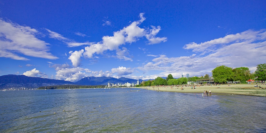 Kitsilano Beach is experiencing a moderate crowd on a sunny day with a clear, blue sky.