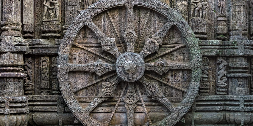 A huge stone wheel is engraved on the walls of Konark Sun Temple near Puri in Odisha.