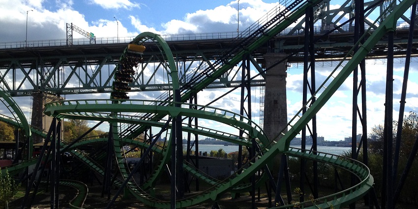 An image of a vibrant view of La Ronde Amusement Park, featuring rides and lively attractions