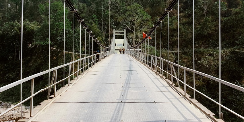 A tree-top walkway bridge surrounded by dense green forest with a couple of people walking.