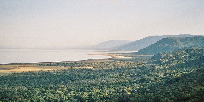 Lake Manyara viewpoint at great rifts rim with tropic forest of Lake Manyara National Park.