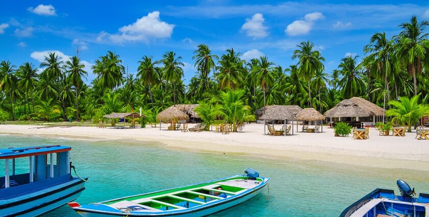 Beautiful huts made for tourists at the shores of Bangaram Island in Lakshadweep, India